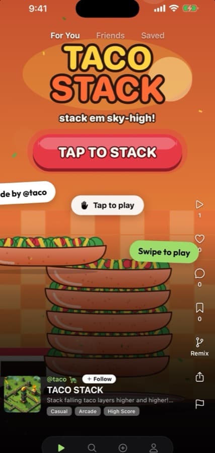 The Dreambit app feed playing Taco Stack, with like, remix and share buttons